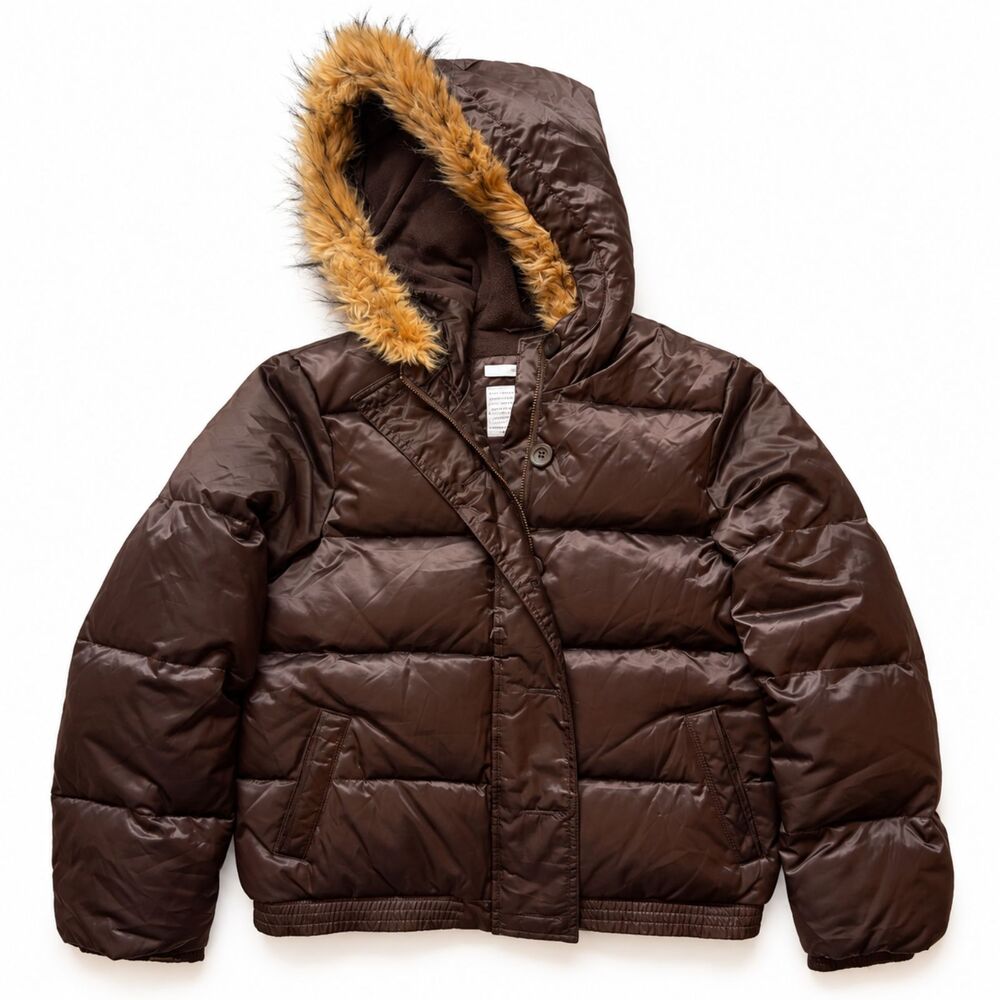 Old Navy Womens Brown Puffer Jacket Faux Fur Trim Hooded Coat
